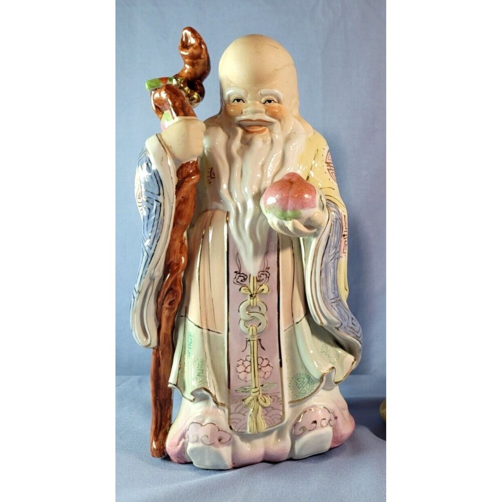 God Of Longevity Figurine Antique Chinese Shou Xing Hand Painted 12'' Statue